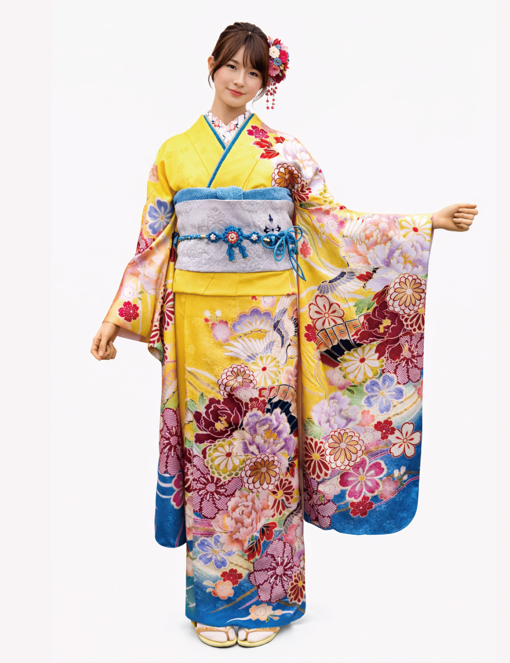 兵庫県　姫路　振袖レンタル　S　サイズ　黄　水色