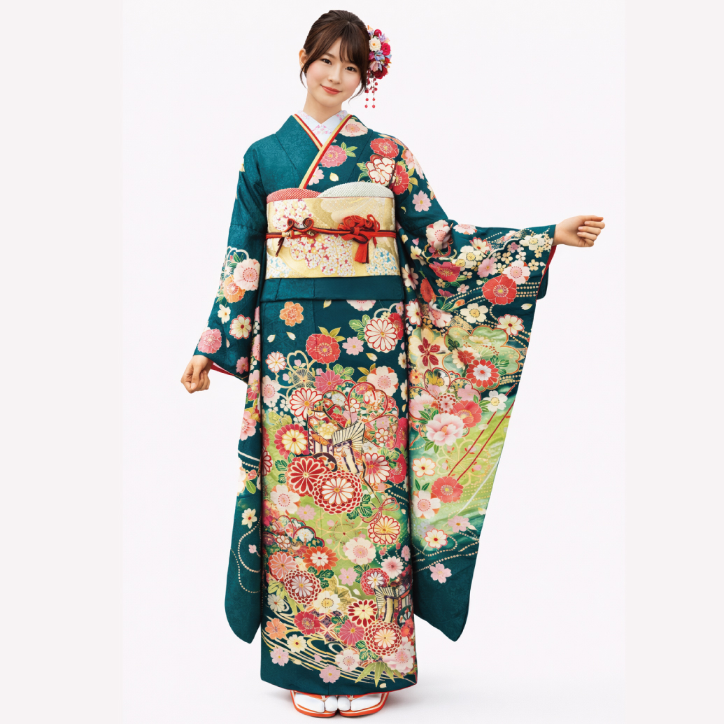 緑 花柄 可愛らしい 振袖レンタル Sサイズ