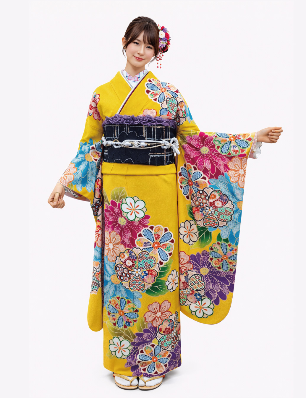 古典　花柄　からし　黄色　振袖レンタル