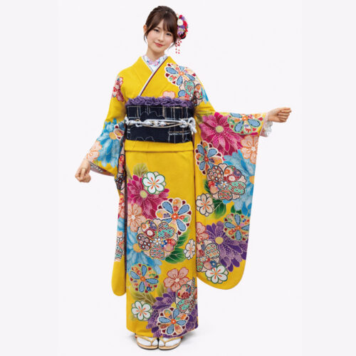 古典　花柄　からし　黄色　振袖レンタル