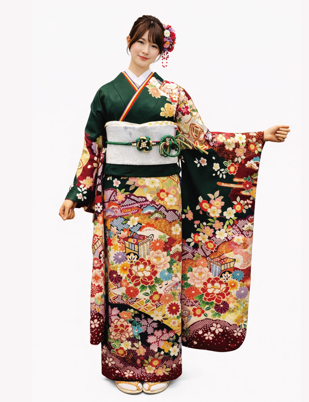 緑色の古典柄、振袖レンタル　Ｓサイズ　緑色　花柄　かわいい