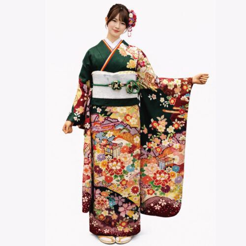 緑色の古典柄、振袖レンタル　Ｓサイズ　緑色　花柄　かわいい