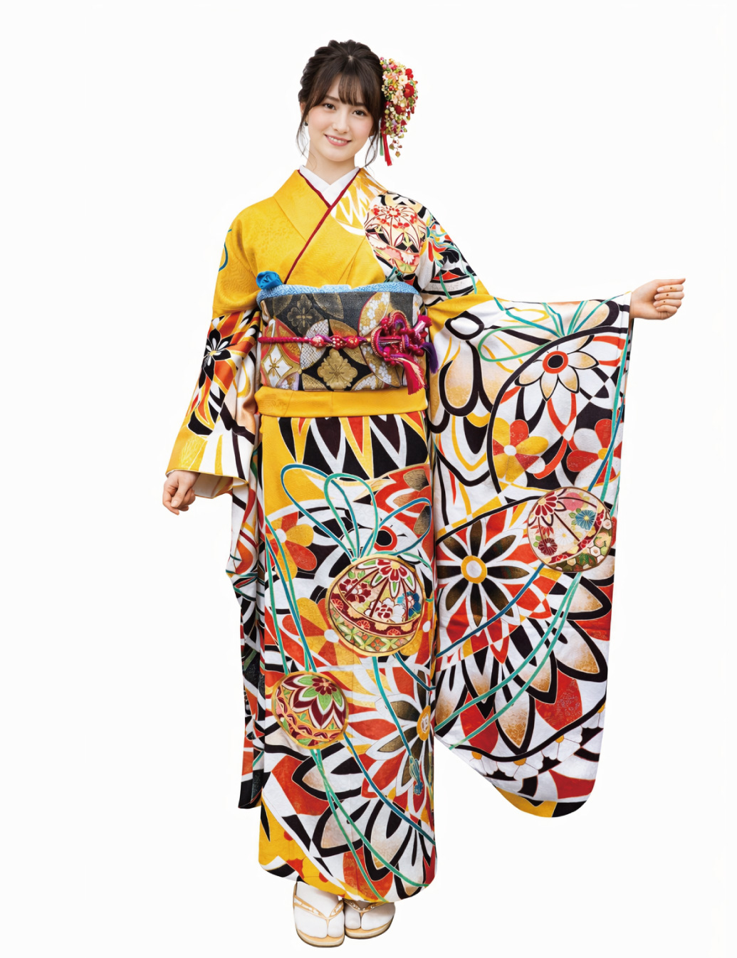 黄色の振袖レンタルLサイズです。大柄の手毬が特徴の振袖レンタルです。