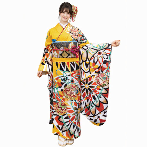 黄色の振袖レンタルLサイズです。大柄の手毬が特徴の振袖レンタルです。