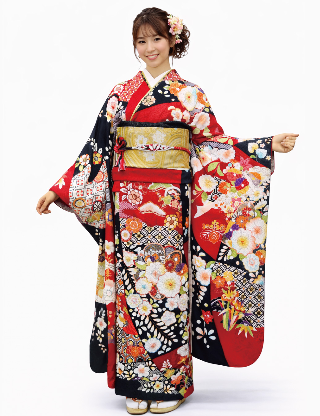 赤色の辻が花の絞り振袖レンタルです。高級感がある。