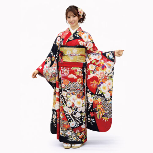 赤色の辻が花の絞り振袖レンタルです。高級感がある。