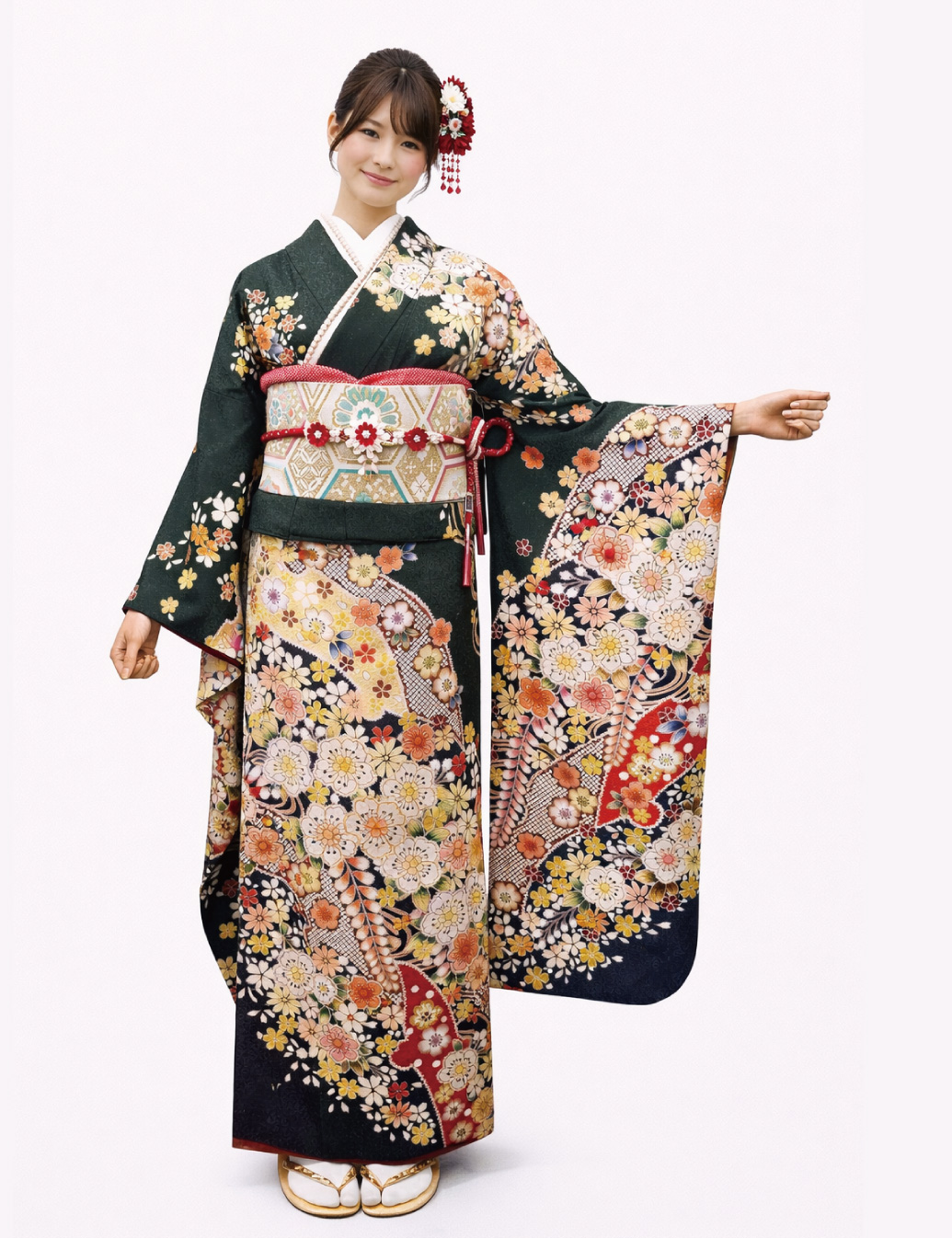 辻が花の振袖、緑色。成人式レンタル振袖