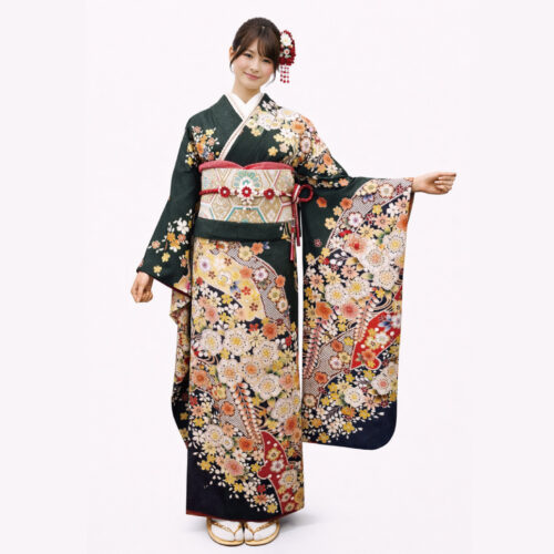 辻が花の振袖、緑色。成人式レンタル振袖