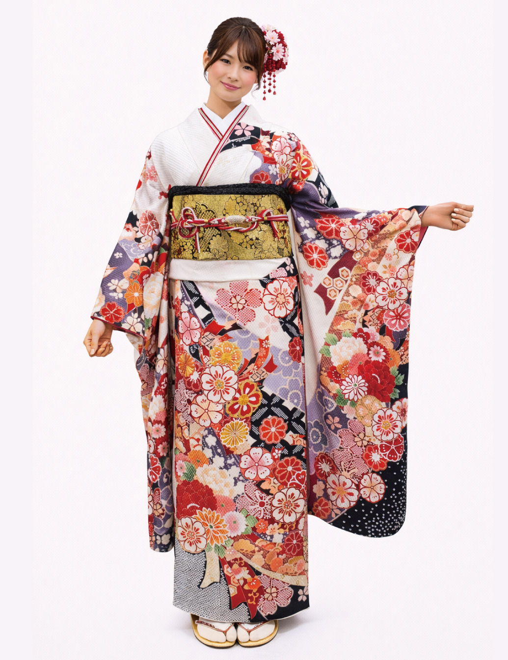 白色の絞り風振袖レンタル　Sサイズ　小柄