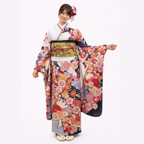 白色の絞り風振袖レンタル　Sサイズ　小柄