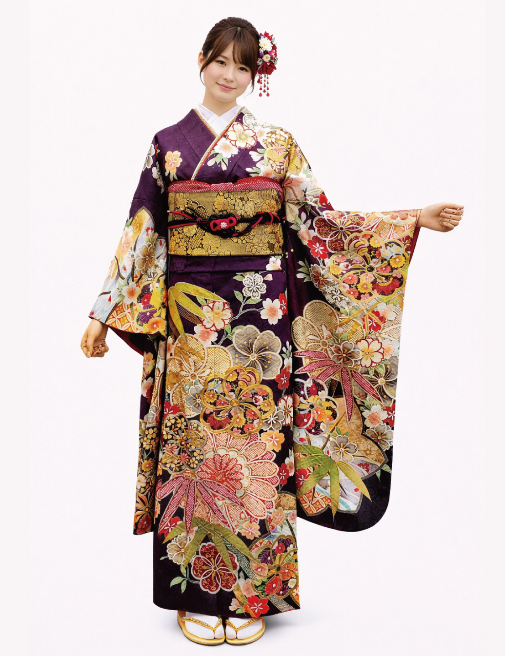 紫色 金彩 振袖レンタル Sサイズ 笹 梅 桜