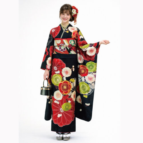 兵庫県　姫路　振袖レンタル　L　サイズ　黒　梅