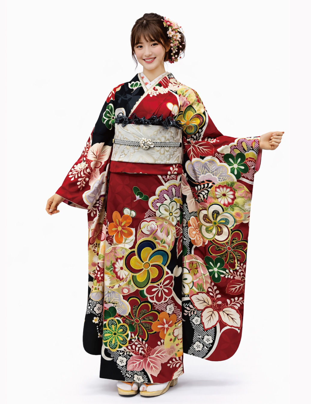 兵庫県　姫路　振袖レンタル　L　サイズ　赤黒　捩り梅