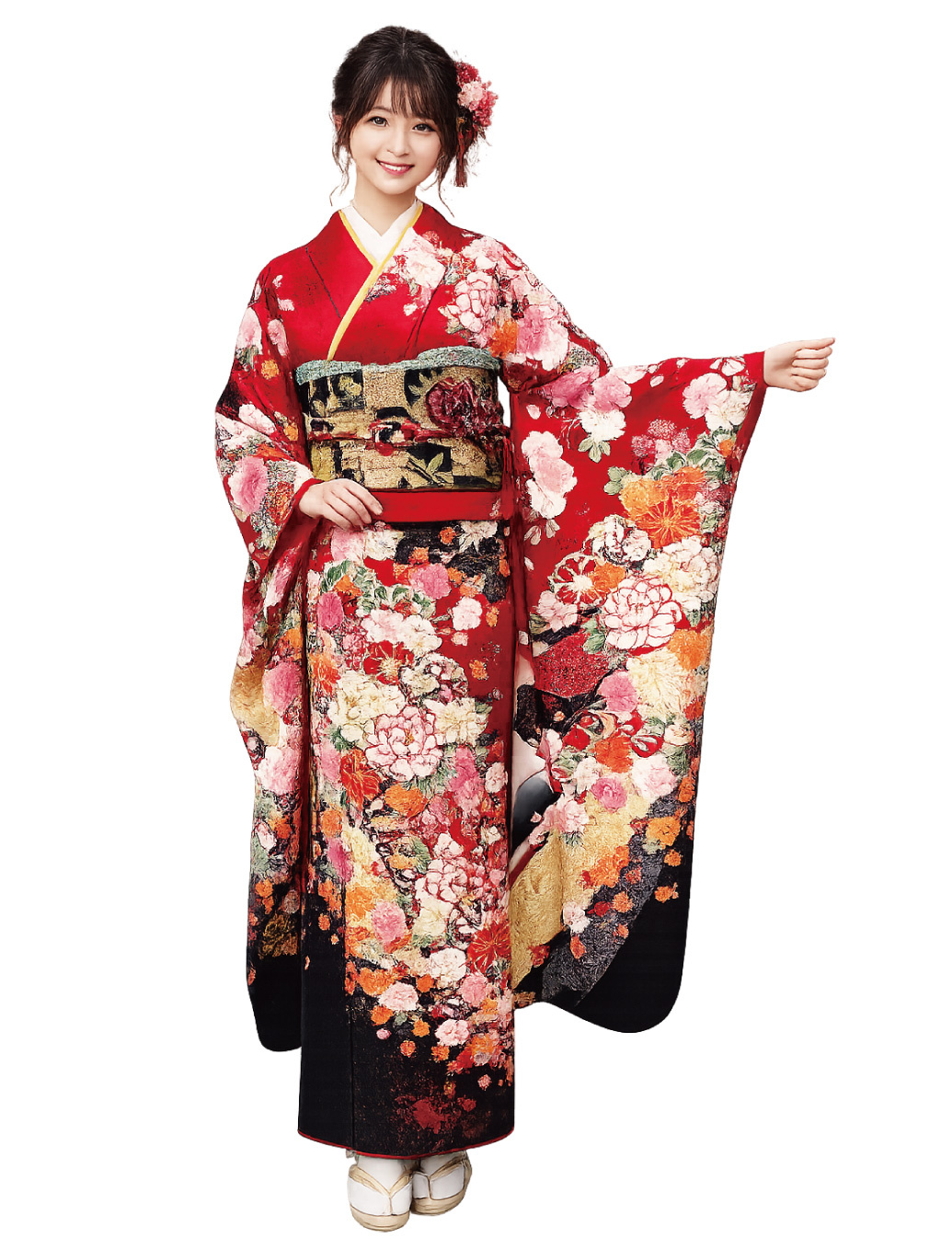 振袖レンタル LLサイズ 赤色 手毬 花柄