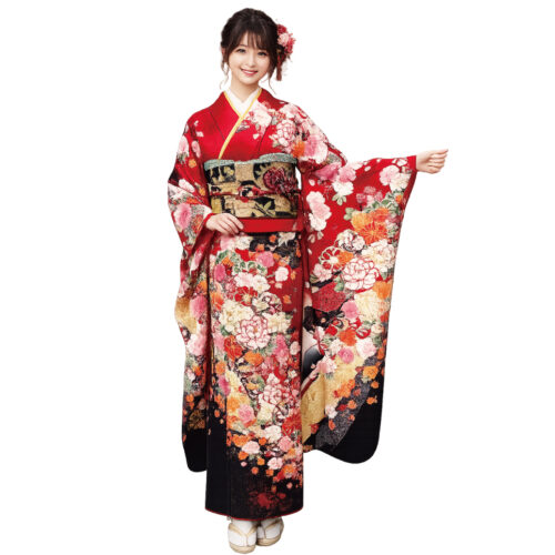 振袖レンタル　LLサイズ　赤色　手毬　花柄