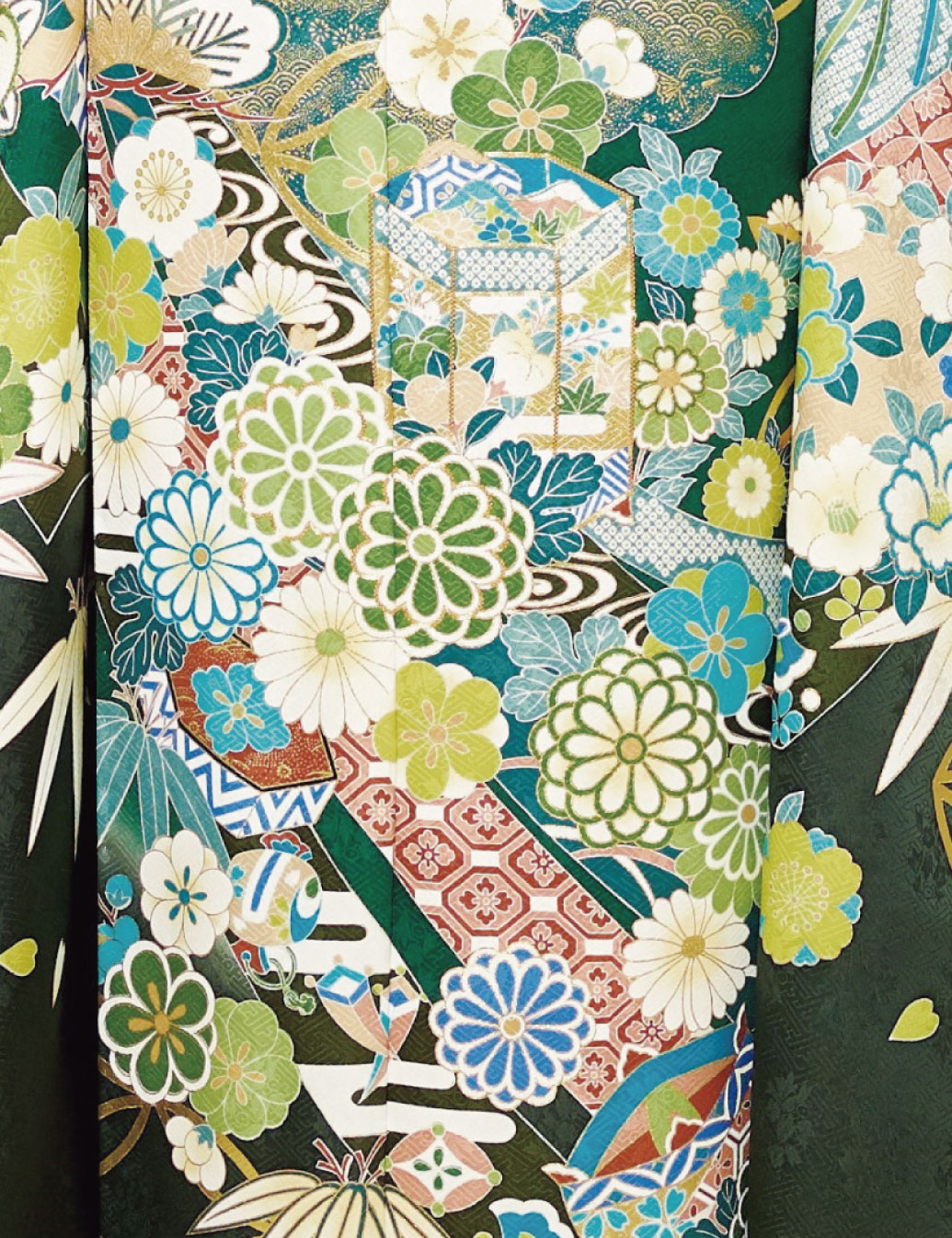 濃緑の振袖レンタル　モダン柄　人気