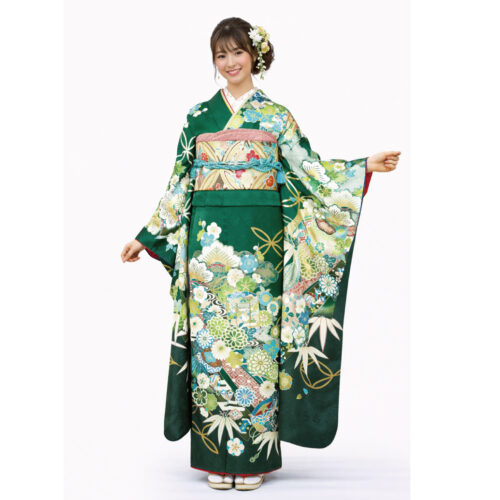 濃緑の振袖レンタル　モダン柄　人気