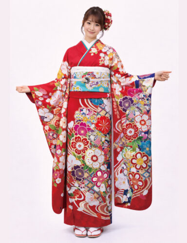 姫路市の成人式、古典柄の赤色振袖レンタル