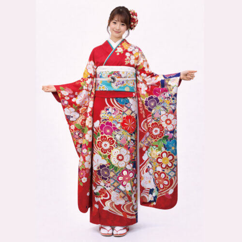 姫路市の成人式、古典柄の赤色振袖レンタル