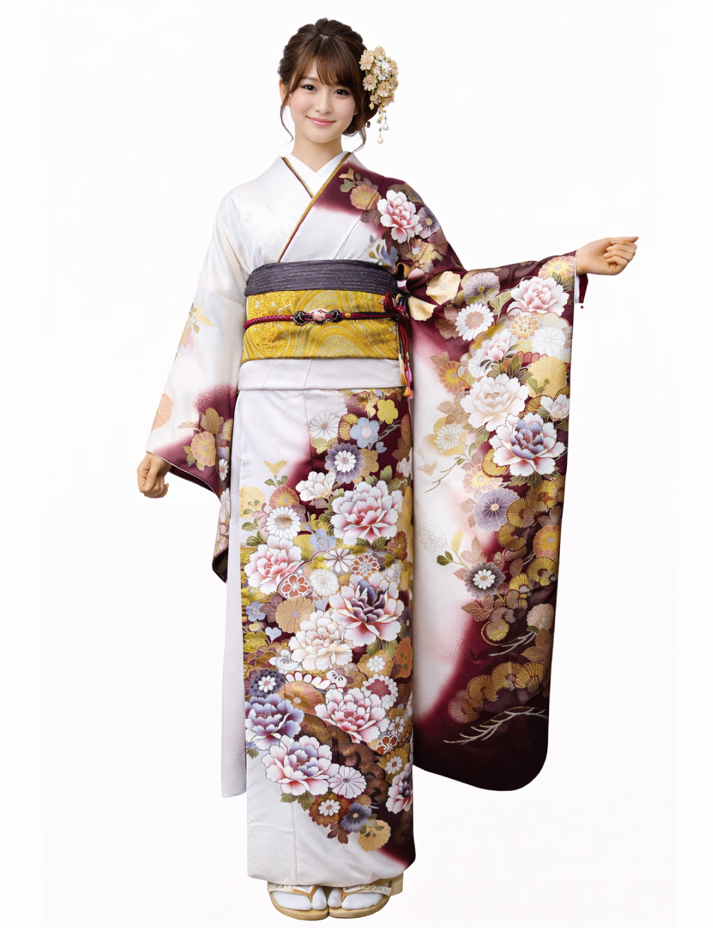 白色の振袖レンタル。金彩の古典な豪華な振袖です。