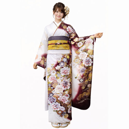 白色の振袖レンタル。金彩の古典な豪華な振袖です。