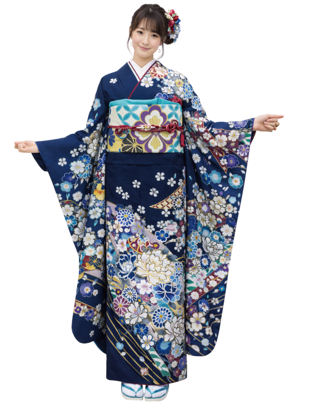 兵庫県姫路市の成人式で青色振袖レンタルをご予約受付中です。