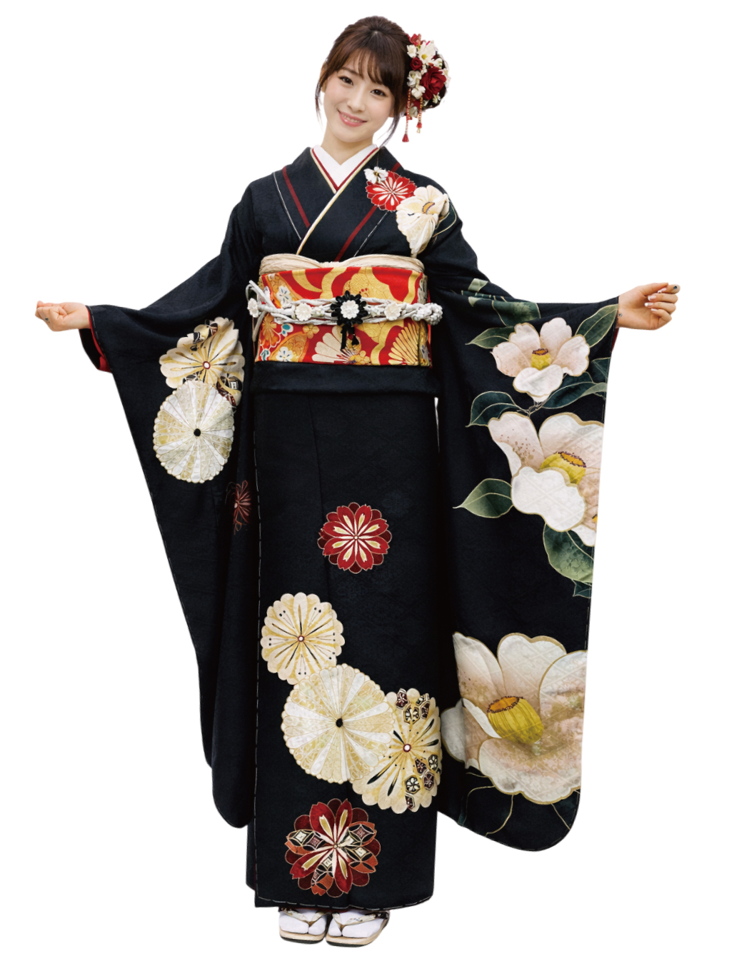 黒色の振袖レンタルです。Mサイズの大柄の椿柄の振袖レンタルです。