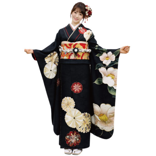 黒色の振袖レンタルです。Mサイズの大柄の椿柄の振袖レンタルです。