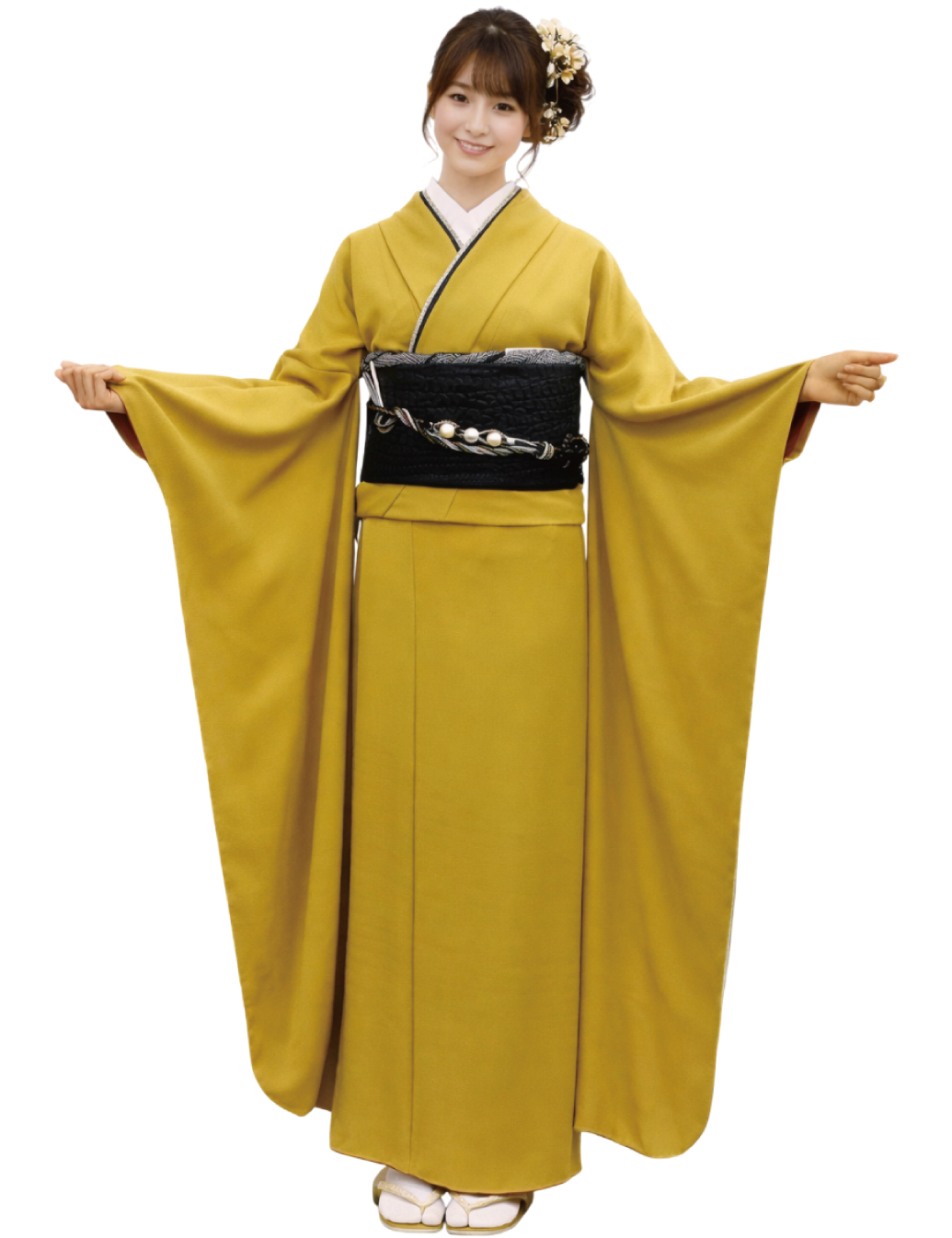 黄色の無地の振袖レンタ　Mサイズ　ウロコ帯