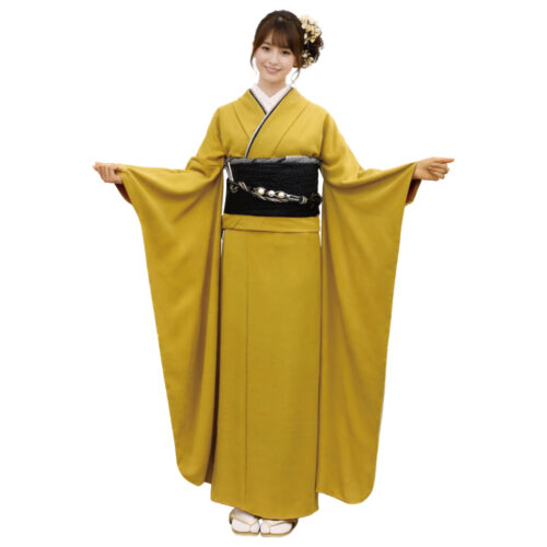 黄色の無地の振袖レンタ　Mサイズ　ウロコ帯