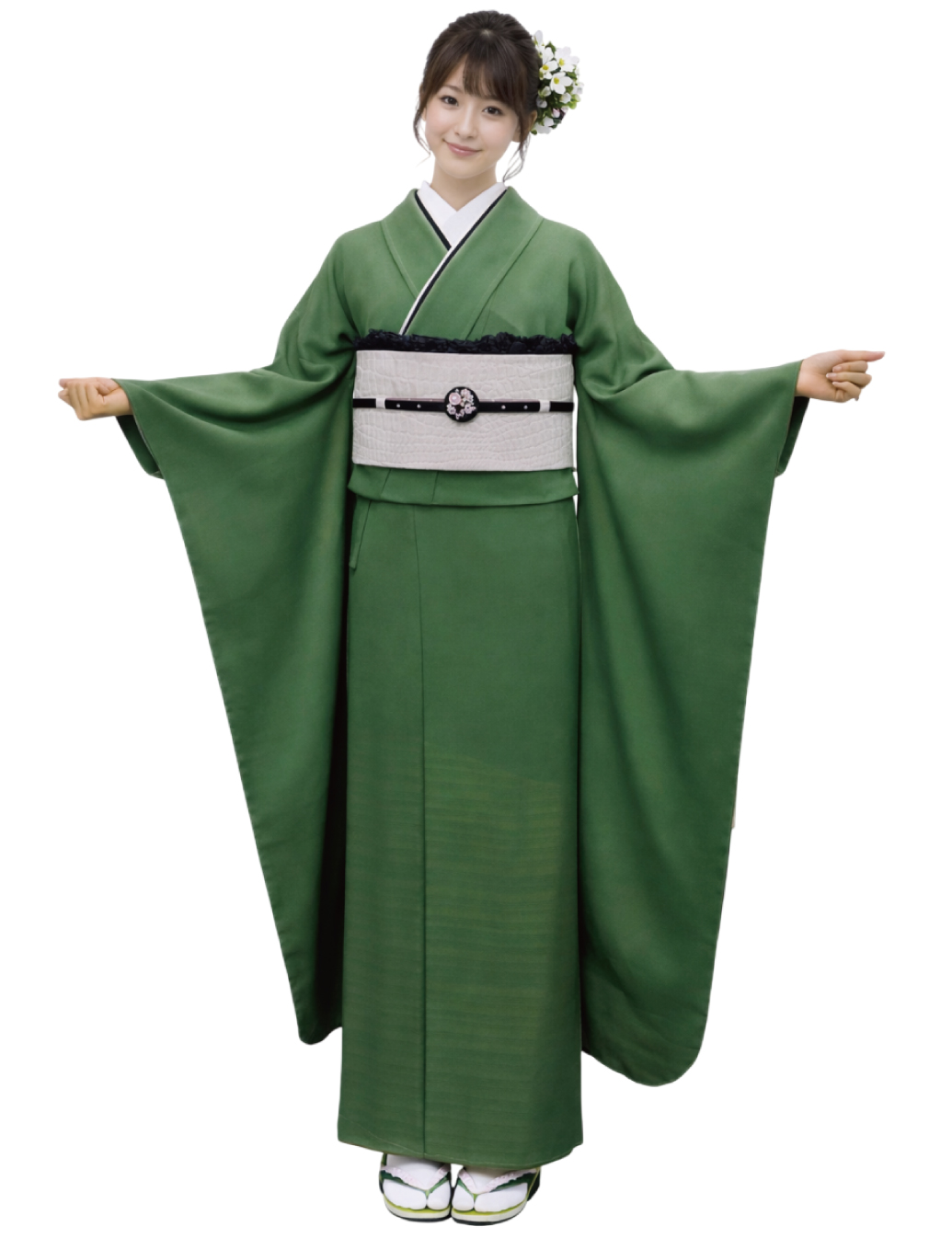 抹茶色の無地振袖レンタル、Mサイズ　草木色や緑の無地振袖レンタル
