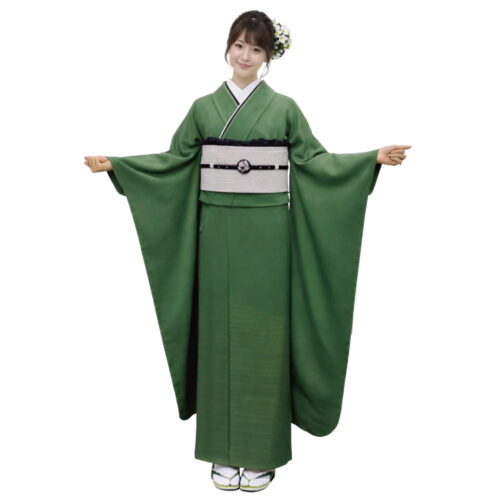 抹茶色の無地振袖レンタル、Mサイズ　草木色や緑の無地振袖レンタル