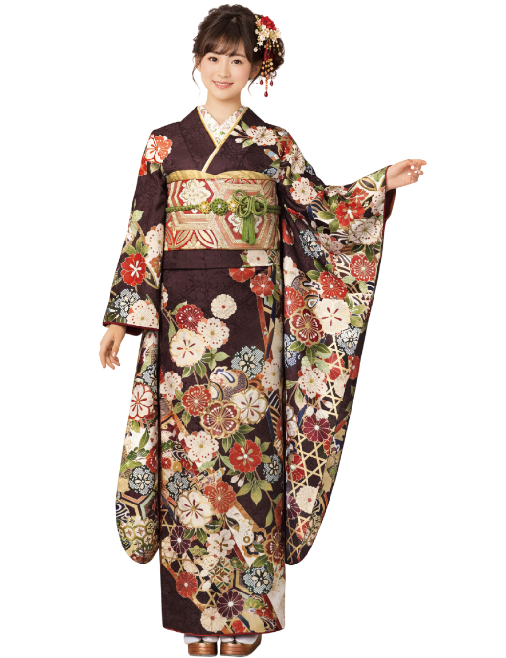 兵庫県　姫路　振袖レンタル　M　サイズ　茶　くすみ