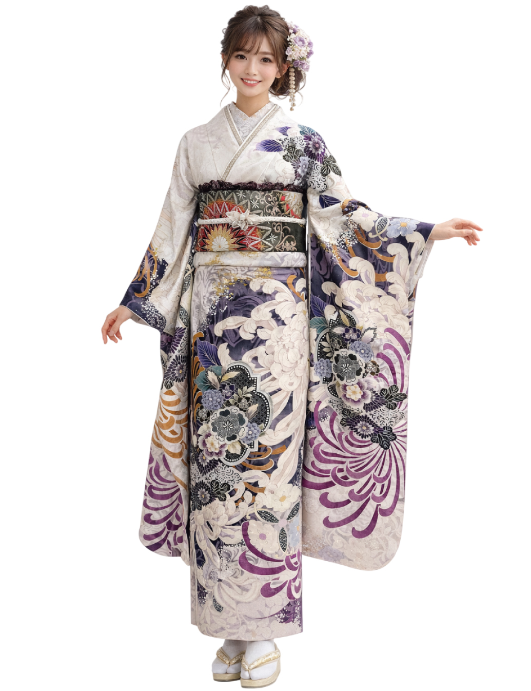 モダンな大柄の乱菊の花が素敵な振袖レンタル