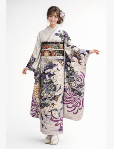 モダンな大柄の乱菊の花が素敵な振袖レンタル