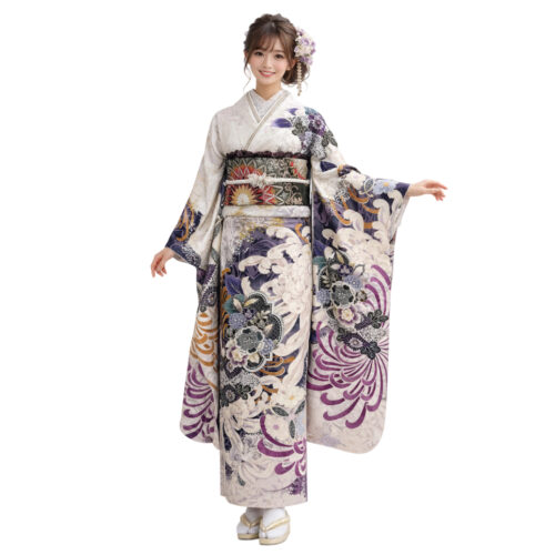 モダンな大柄の乱菊の花が素敵な振袖レンタル