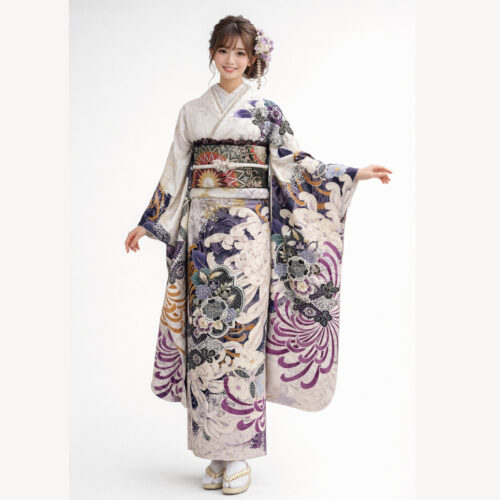 モダンな大柄の乱菊の花が素敵な振袖レンタル