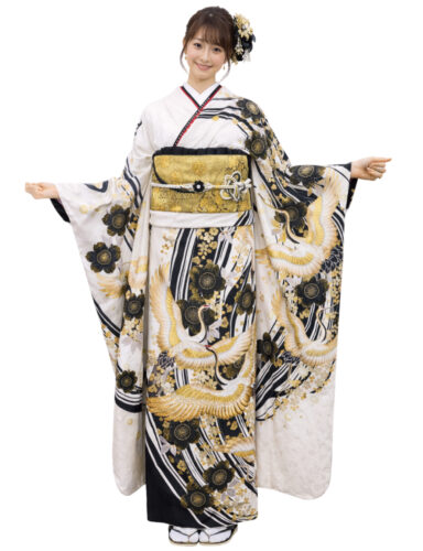 振袖レンタル　Mサイズ　白　黒　金　鶴