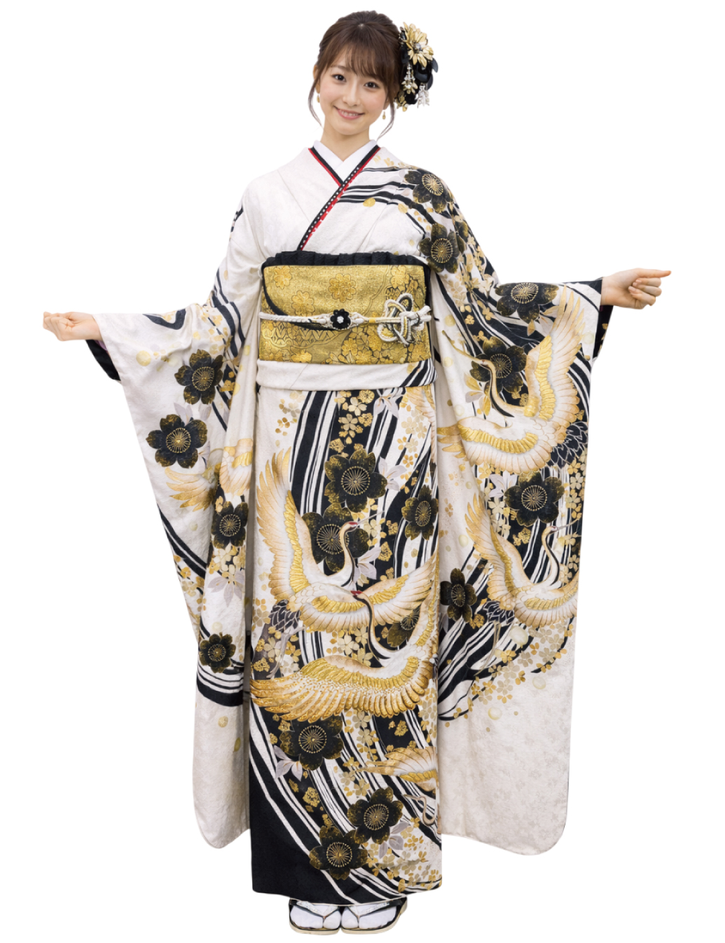 振袖レンタル　Mサイズ　白　黒　金　鶴