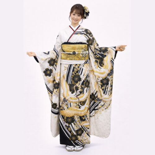 振袖レンタル　Mサイズ　白　黒　金　鶴