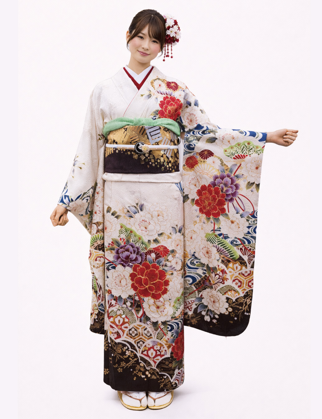 兵庫県　姫路　振袖レンタル　M　サイズ　クリーム　白