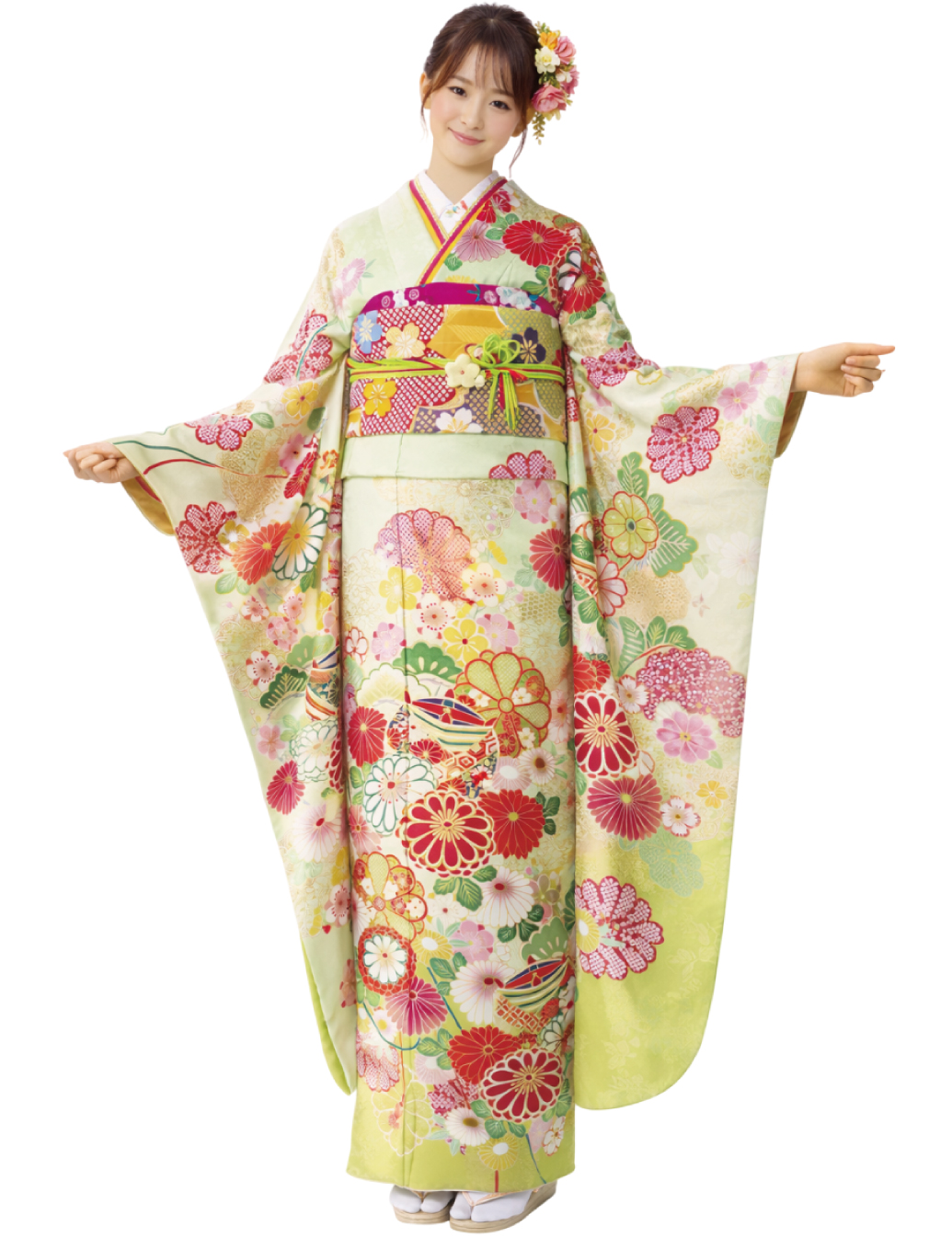 黄緑色の振袖レンタル　Mサイズ　可愛い古典柄