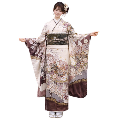 色の古典柄振袖です。振袖購入も振袖レンタルです。