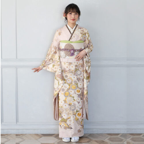 くすみ系　桃色振袖レンタル　Mサイズ　人気柄　身長160cm前後対応