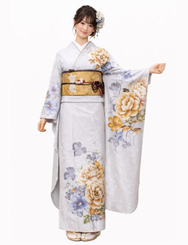 グレー振袖　牡丹　薔薇　花柄　Ｌサイズ　振袖レンタル