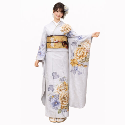 グレー振袖　牡丹　薔薇　花柄　Ｌサイズ　振袖レンタル