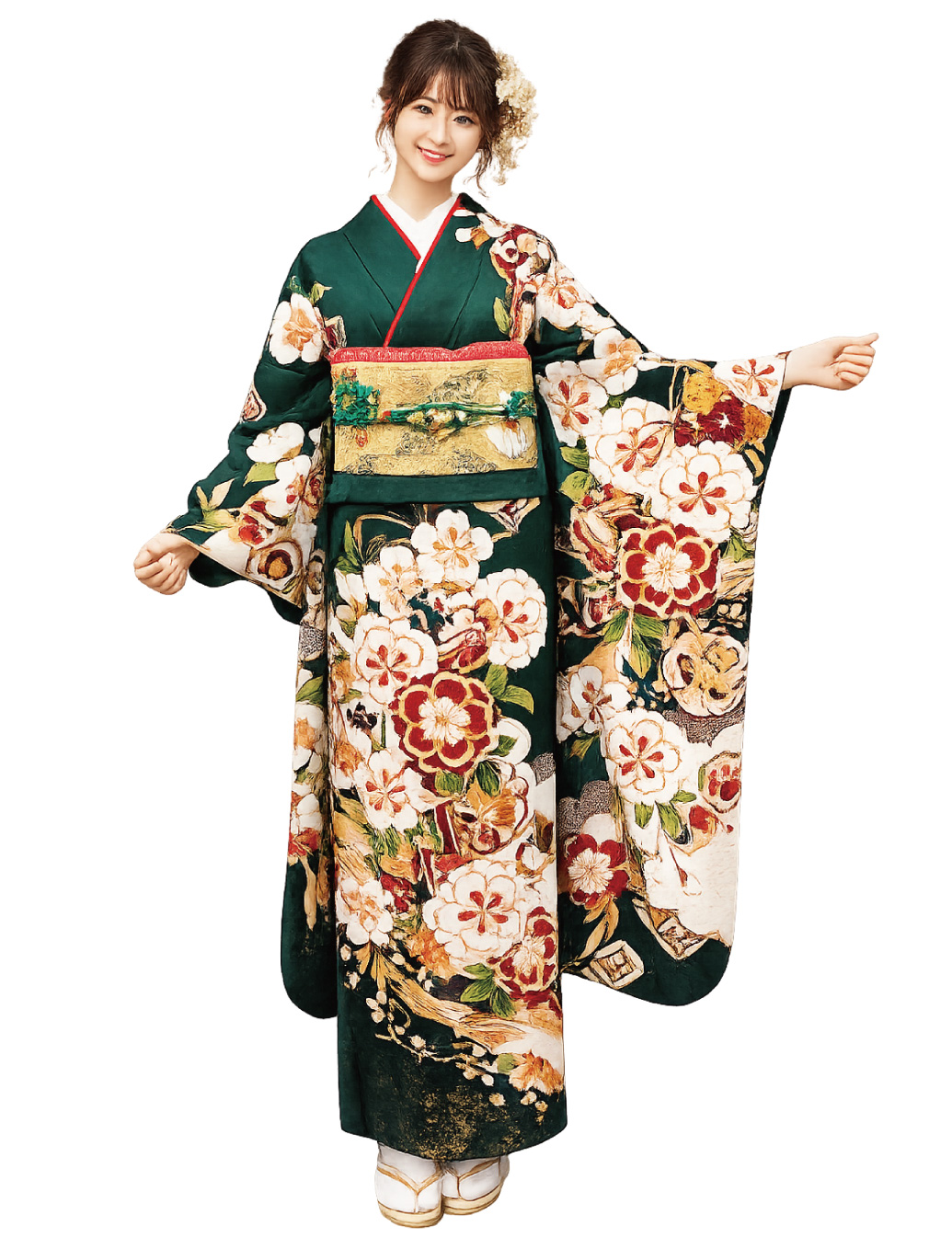 グリーンと墨黒の振袖レンタル。色合わせが大人っぽさを演出。