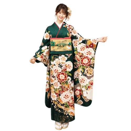 グリーンと墨黒の振袖レンタル。色合わせが大人っぽさを演出。