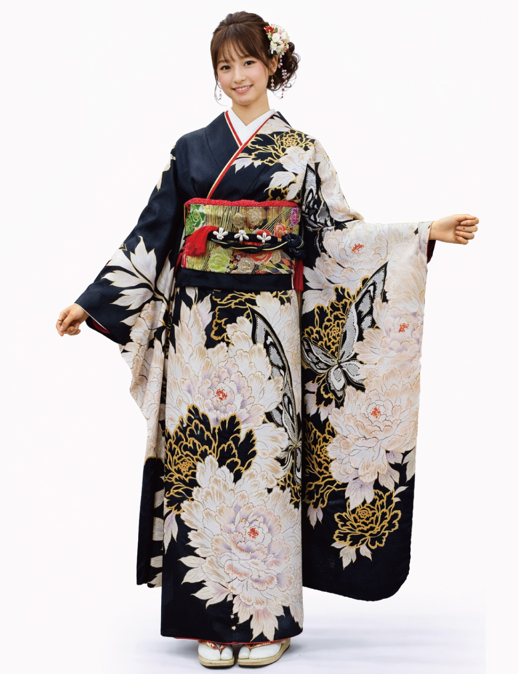 振袖レンタル　大柄牡丹　黒地振袖レンタル