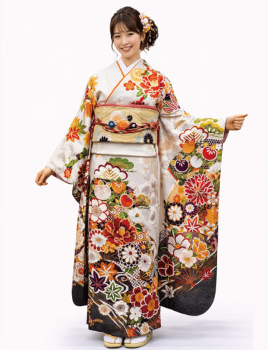 白色振袖レンタル　身長160ｃｍ以上　古典花柄振袖レンタル